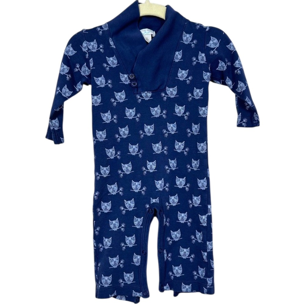Feather Baby Owl Print Pima Cotton Shawl Collar Romper Navy Blue 0-3 Months